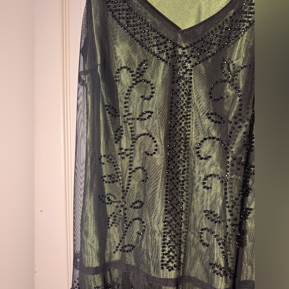 S. L. Fashions Great Gatsby Beaded Black over Green Chiffon Dress - Size 10 EUC - Picture 2 of 6
